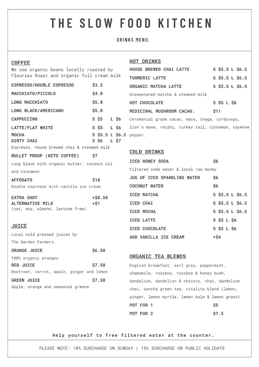Menu, The Slow Food Kitchen