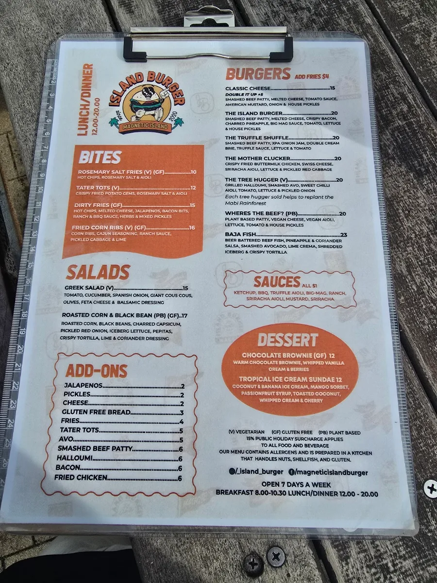 Menu, Island Burger