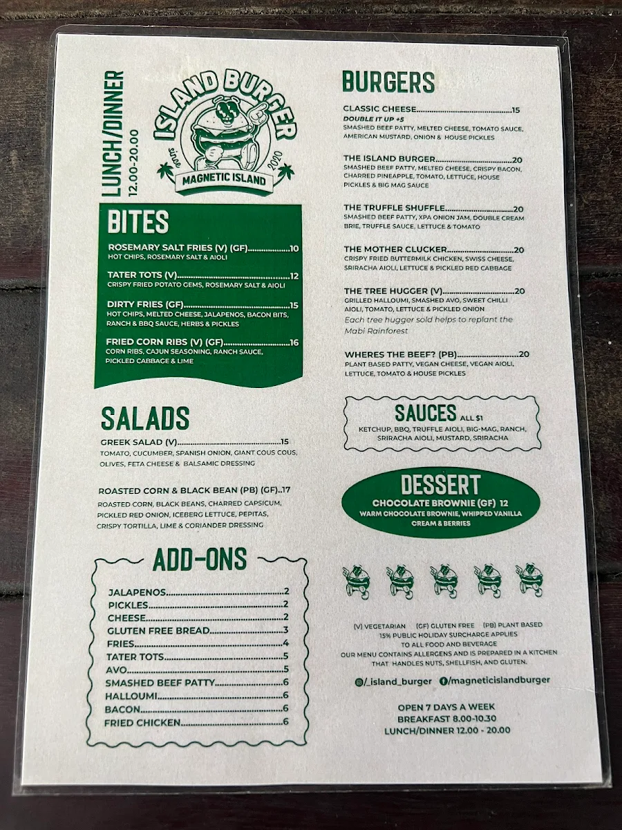 Menu, Island Burger