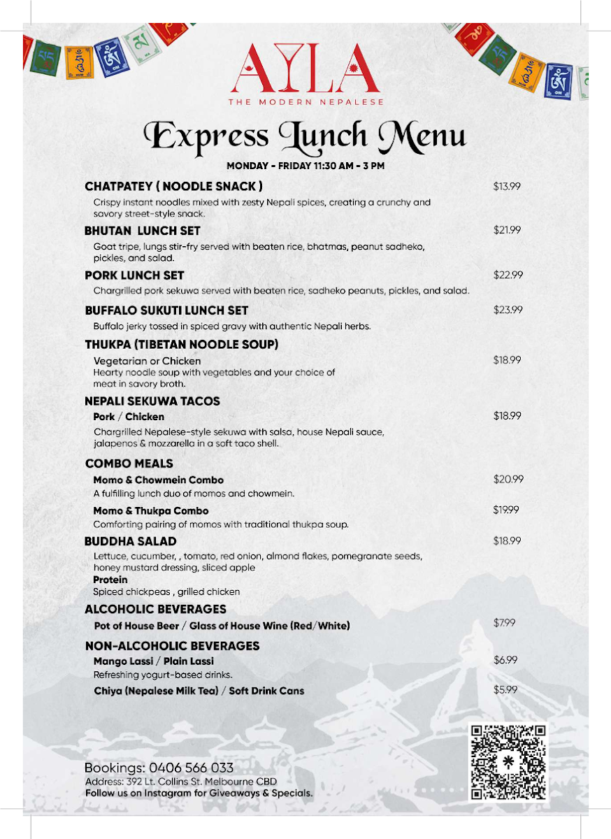 Menu, Ayla Bar & Restaurant