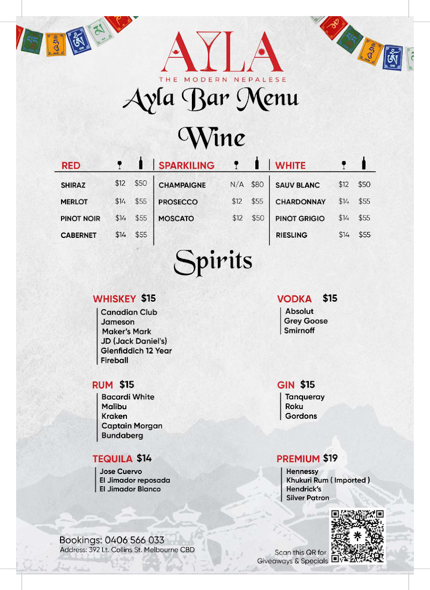 Menu, Ayla Bar & Restaurant