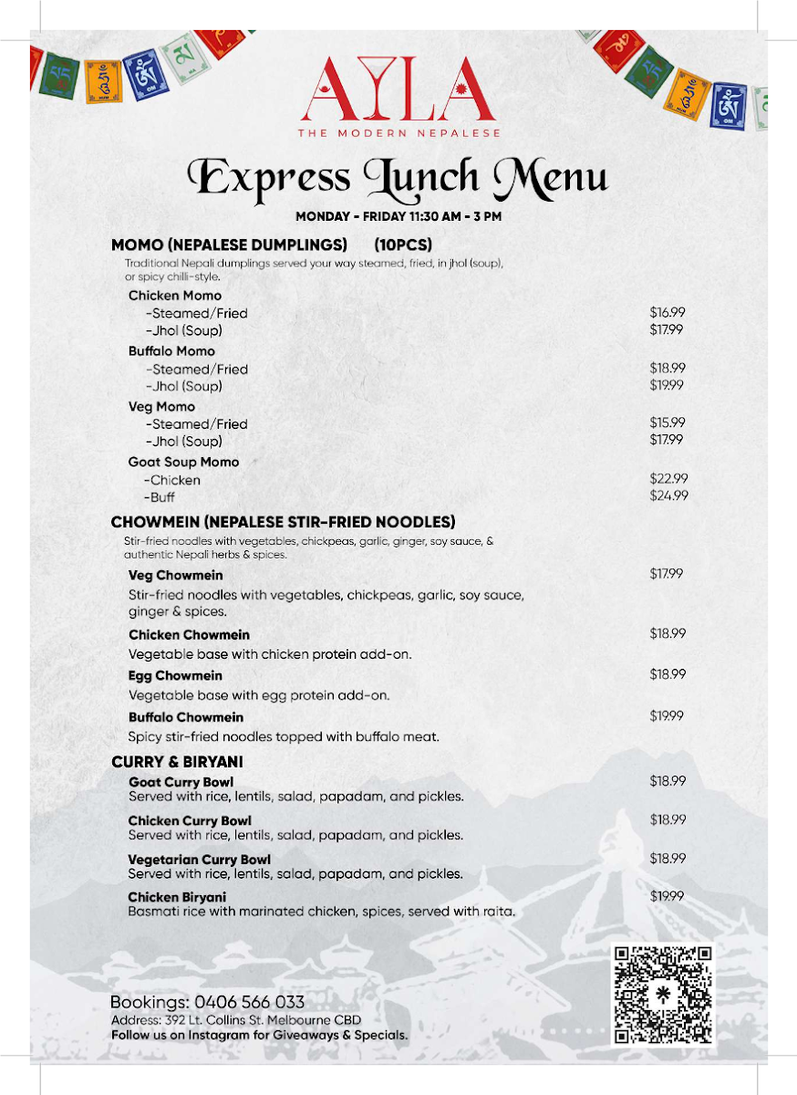 Menu, Ayla Bar & Restaurant