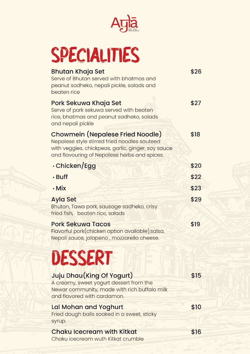 Menu, Ayla Bar & Restaurant