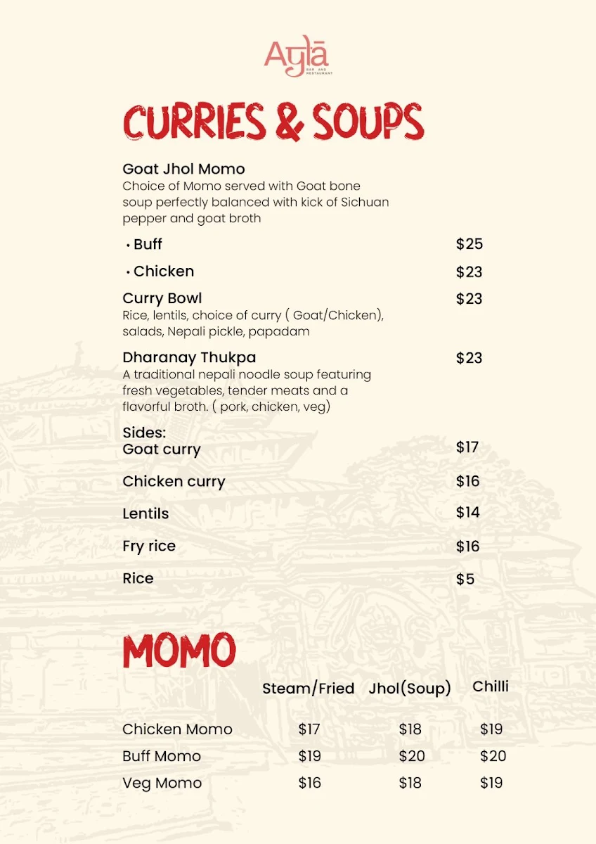 Menu, Ayla Bar & Restaurant
