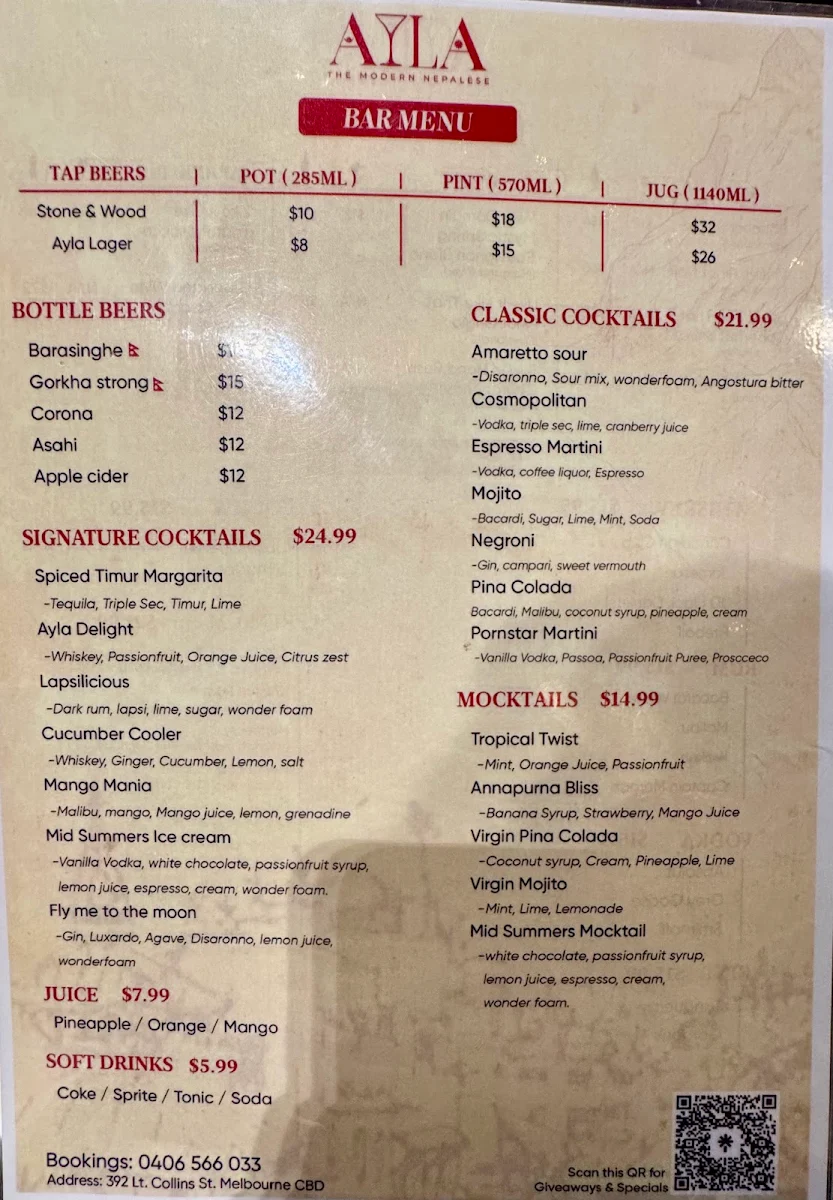 Menu, Ayla Bar & Restaurant