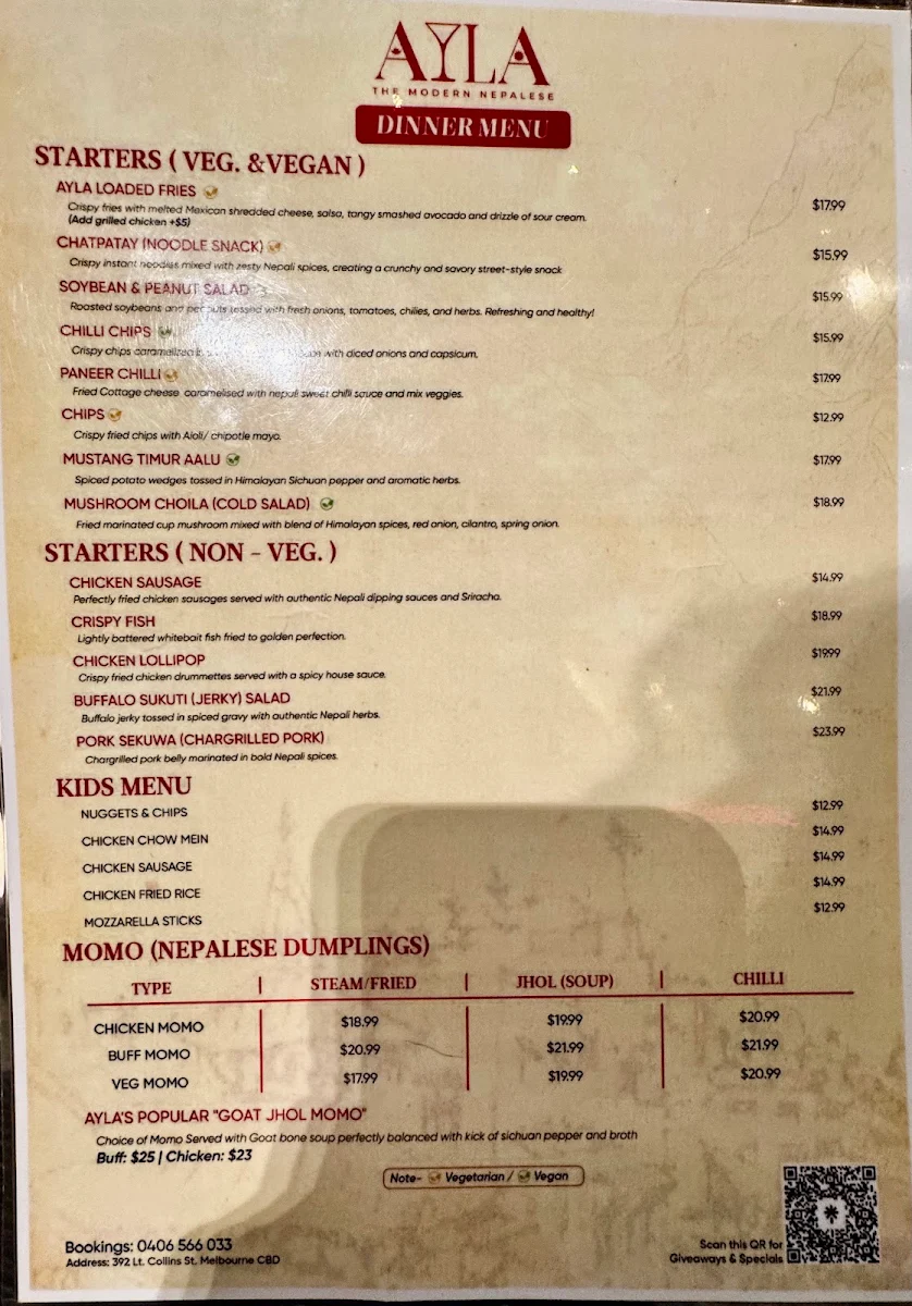 Menu, Ayla Bar & Restaurant