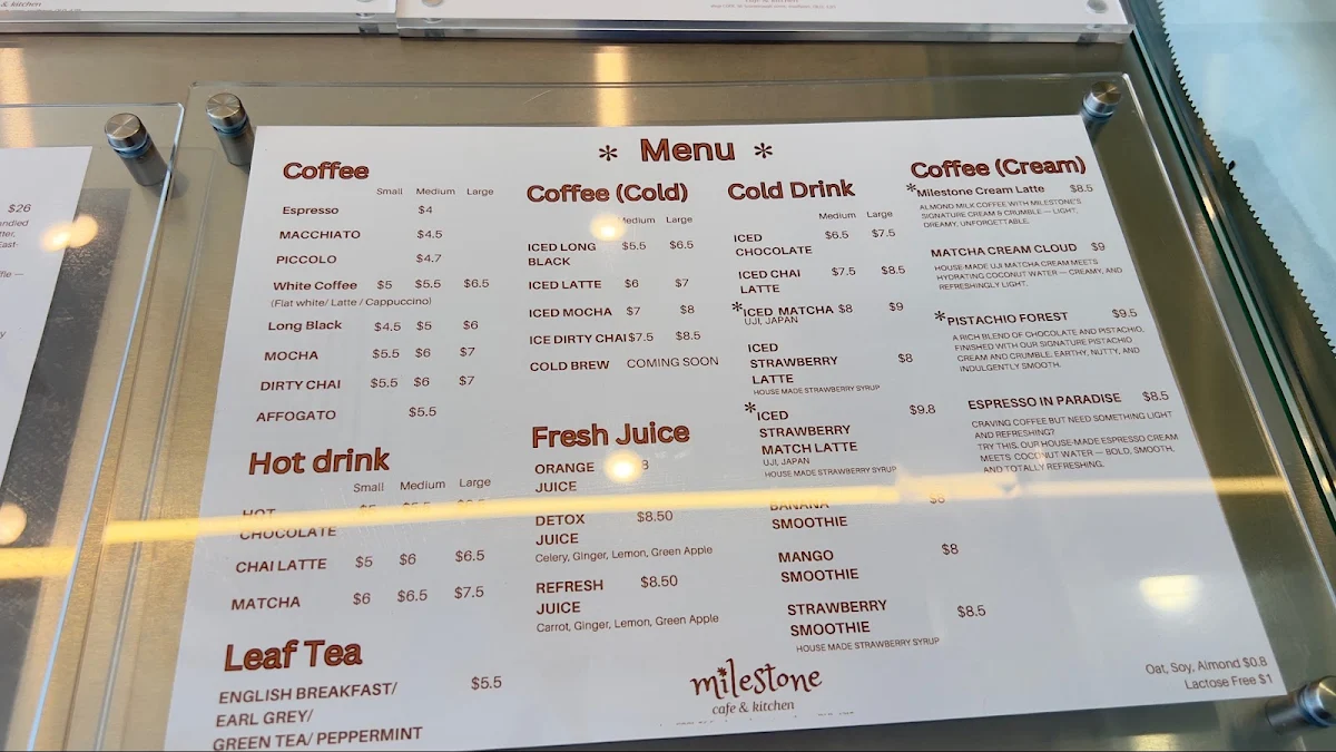 Menu, Milestone Cafe & Kitchen
