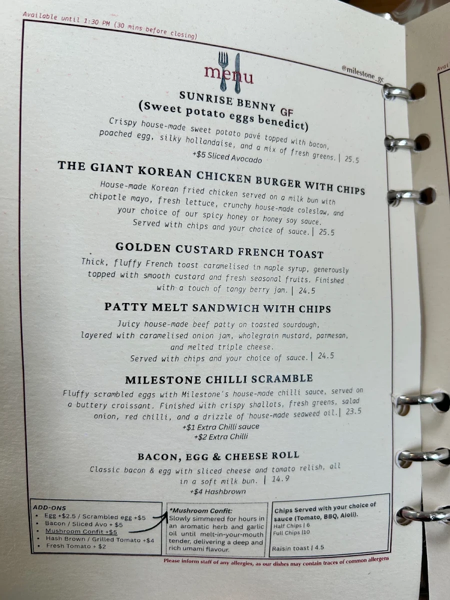 Menu, Milestone Cafe & Kitchen