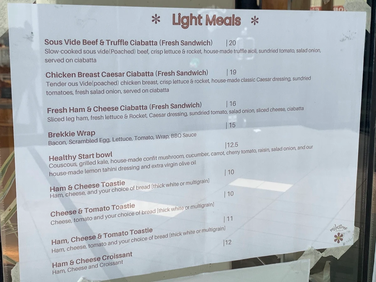 Menu, Milestone Cafe & Kitchen
