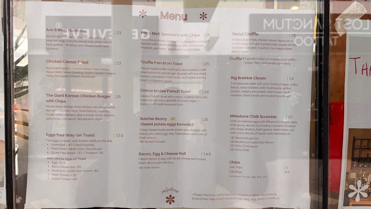 Menu, Milestone Cafe & Kitchen