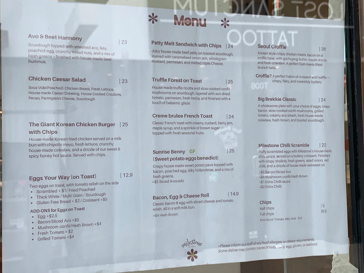 Menu, Milestone Cafe & Kitchen