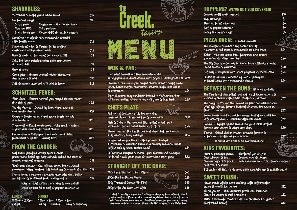 Menu, The Creek Tavern