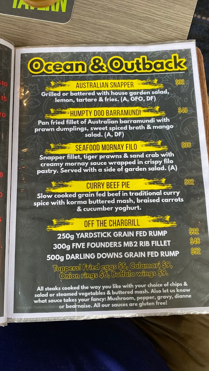 Menu, The Creek Tavern