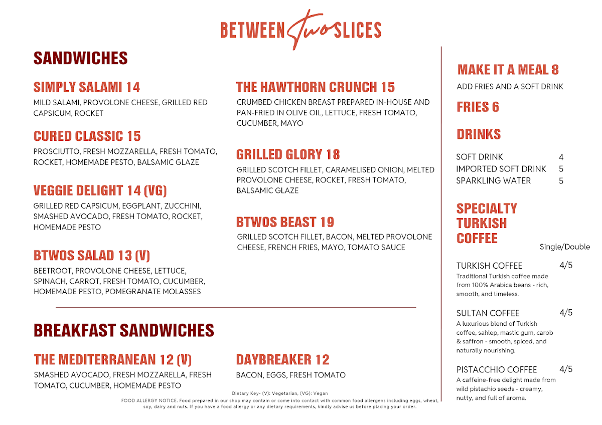 Menu, Between Two Slices (BtwoS)