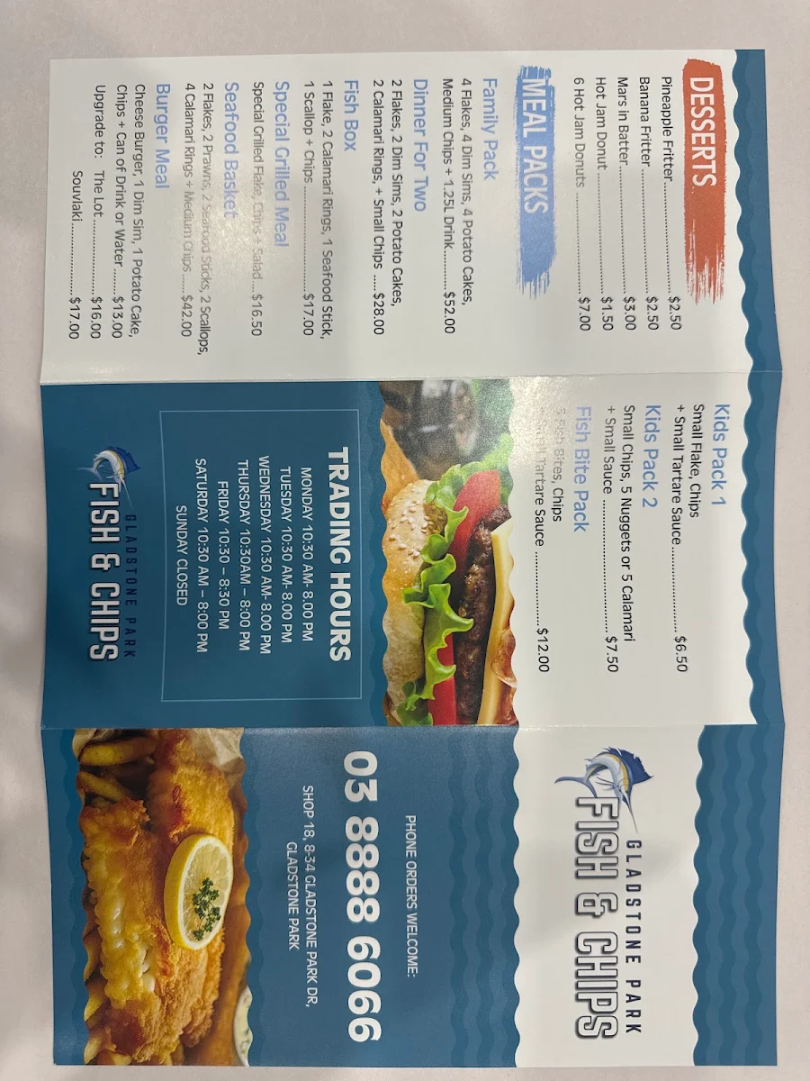 Menu, Gladstone Park Fish & Chips