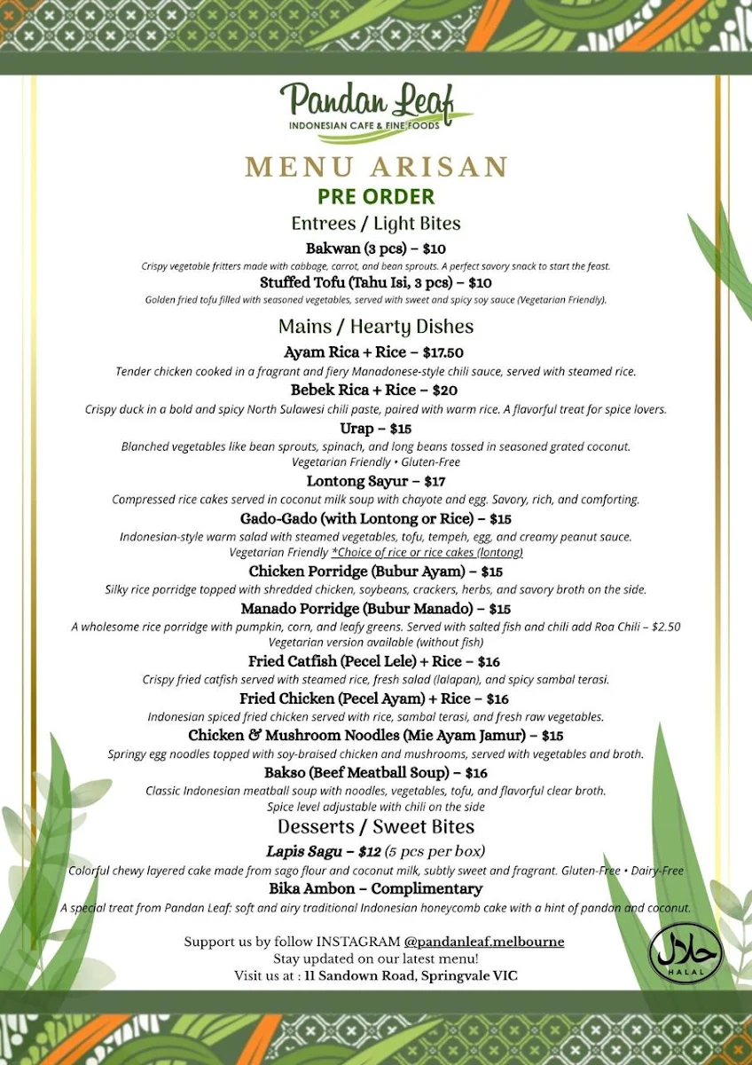 Menu, PandanLeaf Indonesia Cafe & Fine Foods