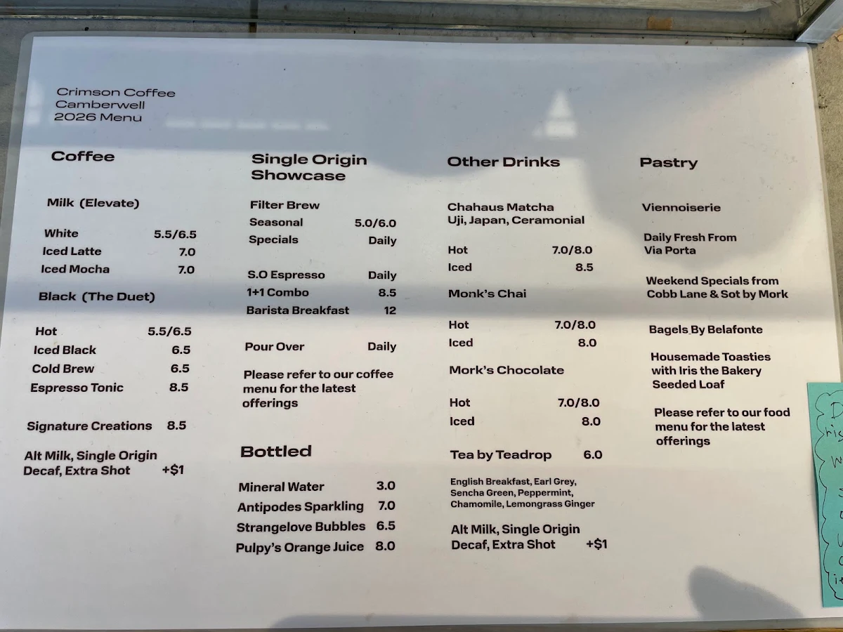 Menu, Crimson Coffee