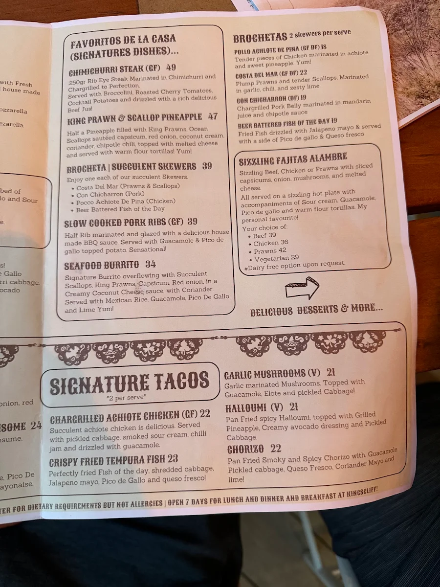 Menu, nude amigos kingscliff