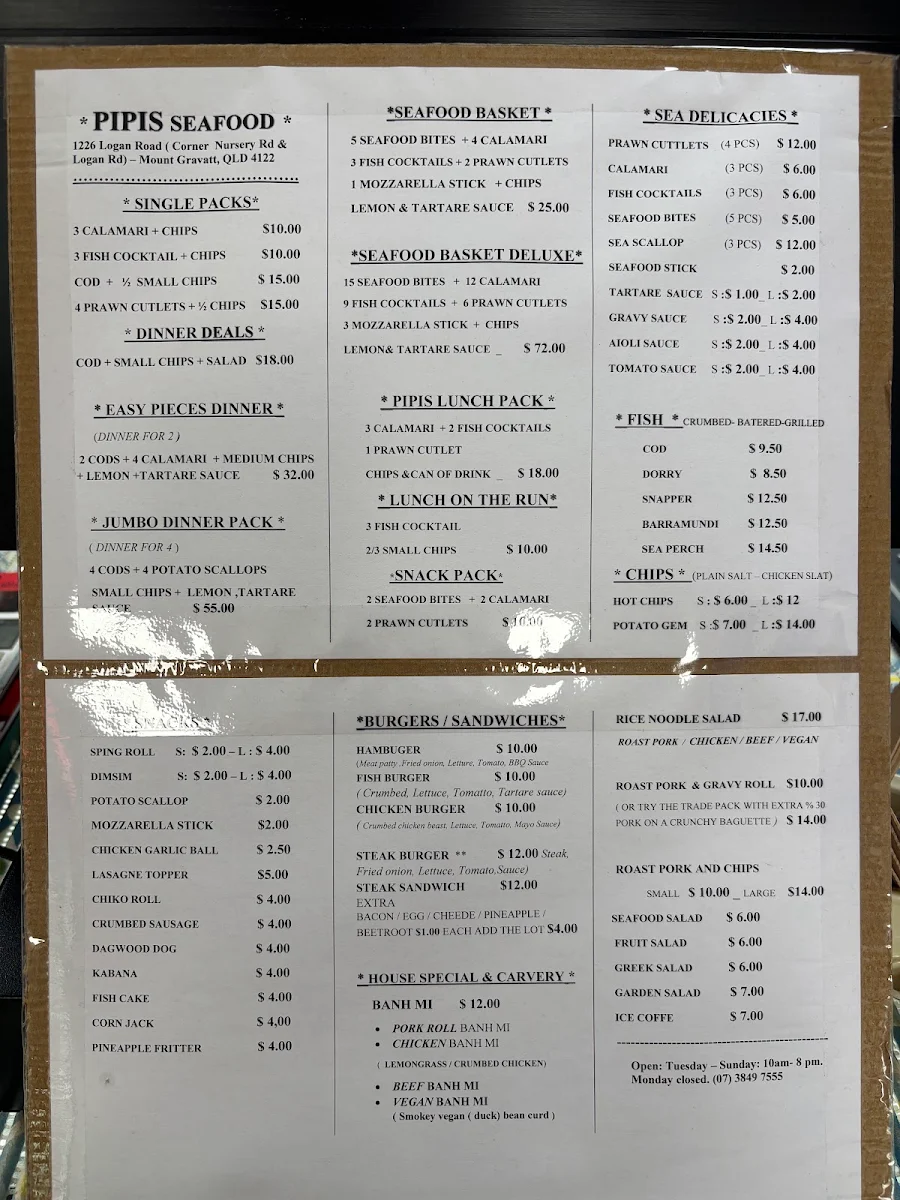 Menu, Pipis Seafood