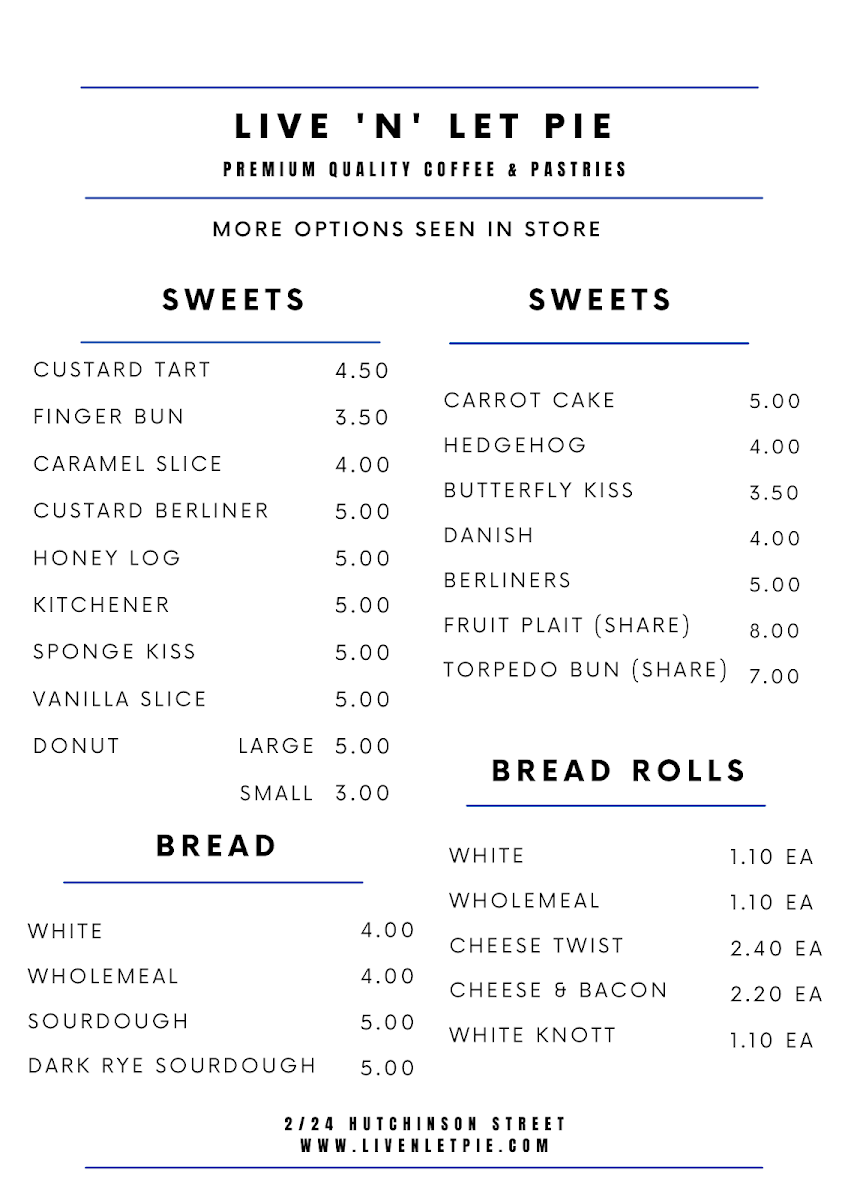 Menu, LIVE 'N' LET PIE