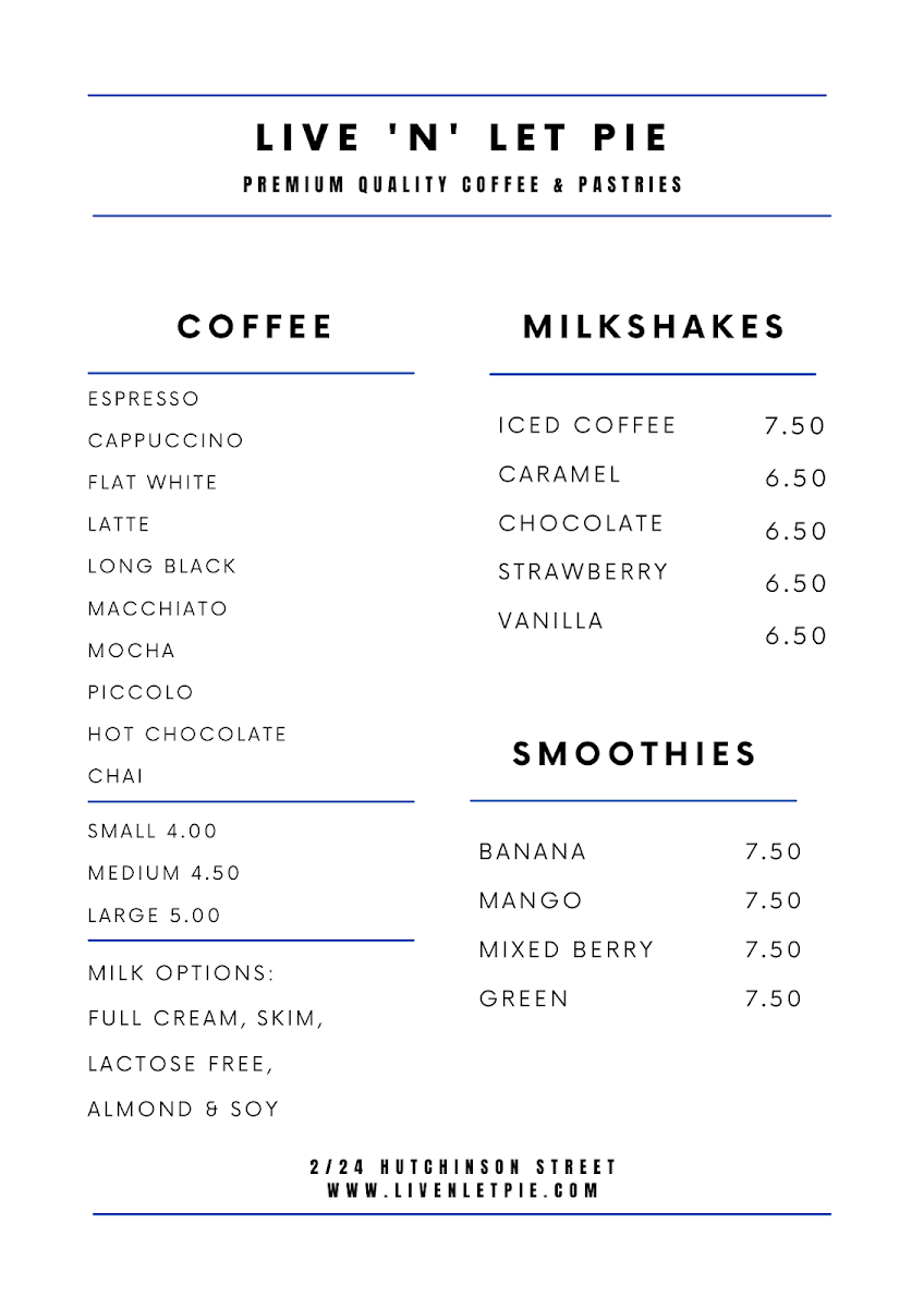 Menu, LIVE 'N' LET PIE