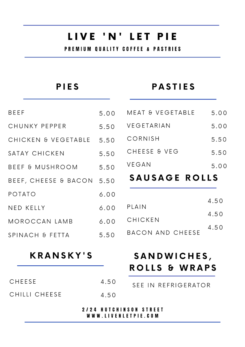 Menu, LIVE 'N' LET PIE
