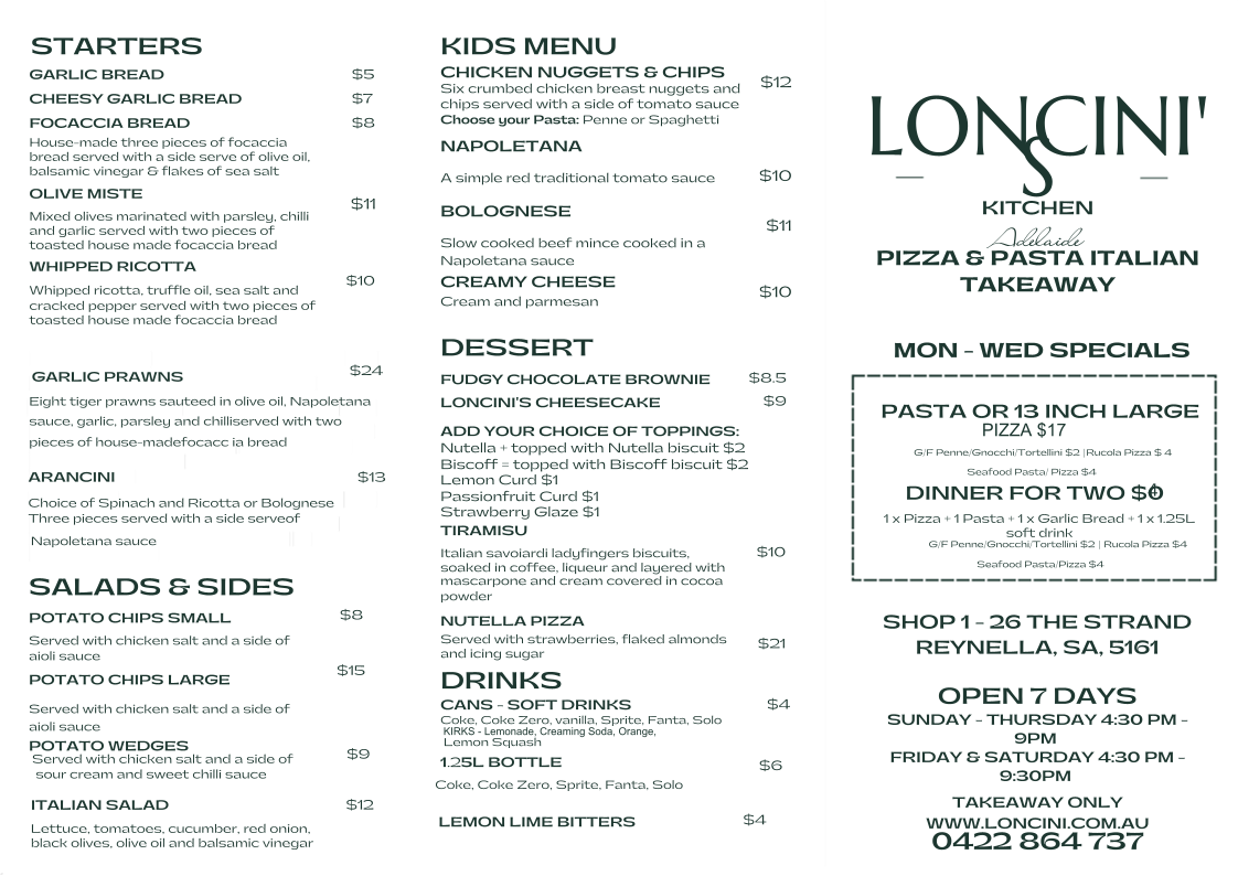 Menu, Loncini's Kitchen (Italian Takeaway)
