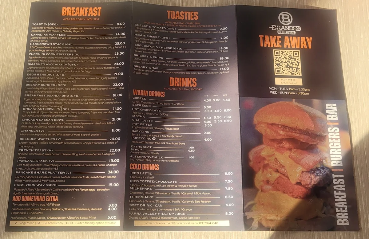 Menu, Branded Burgers & Bar