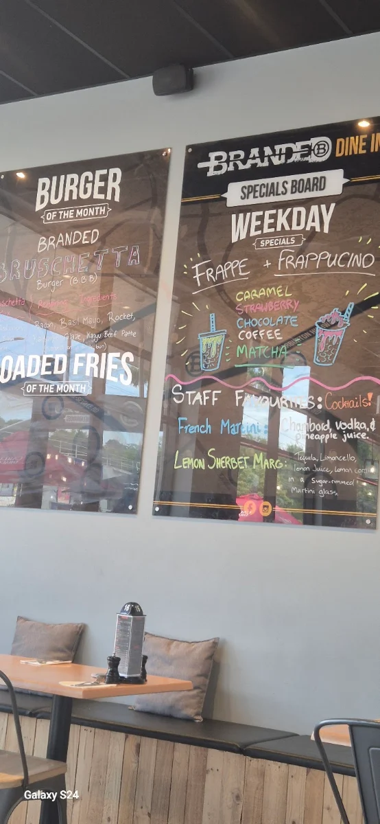 Menu, Branded Burgers & Bar