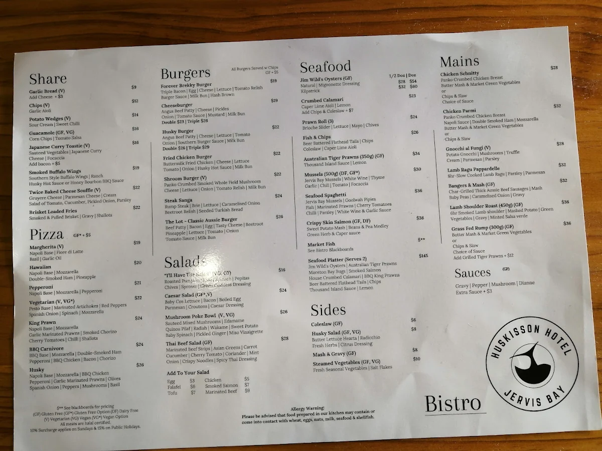 Menu, Huskisson Hotel