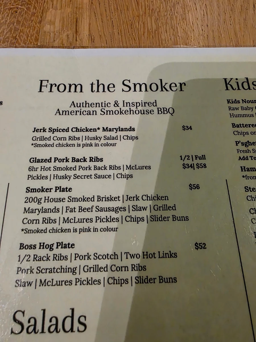Menu, Huskisson Hotel