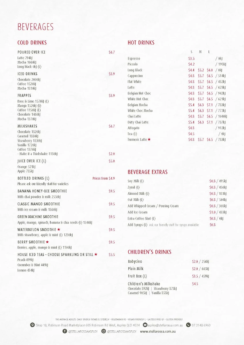 Menu, Stellarossa Aspley