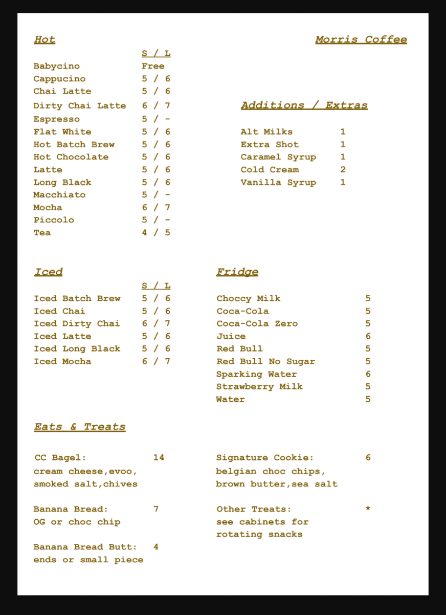 Menu, Morris Coffee