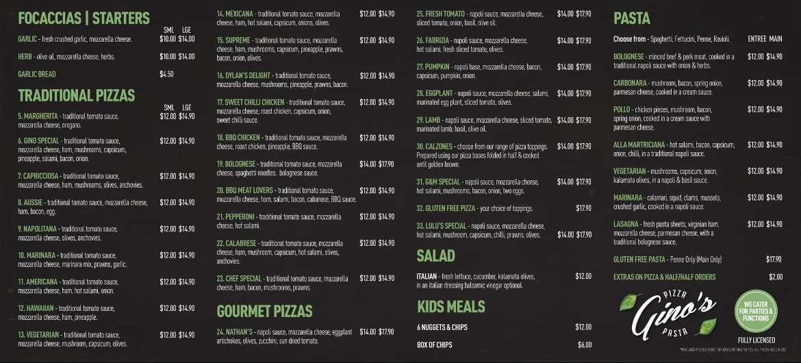 Menu, Gino's Pizza and Pasta