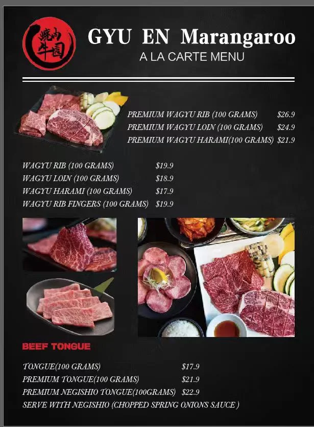 Menu, Gyu-En Japanese Yakiniku Marangaroo
