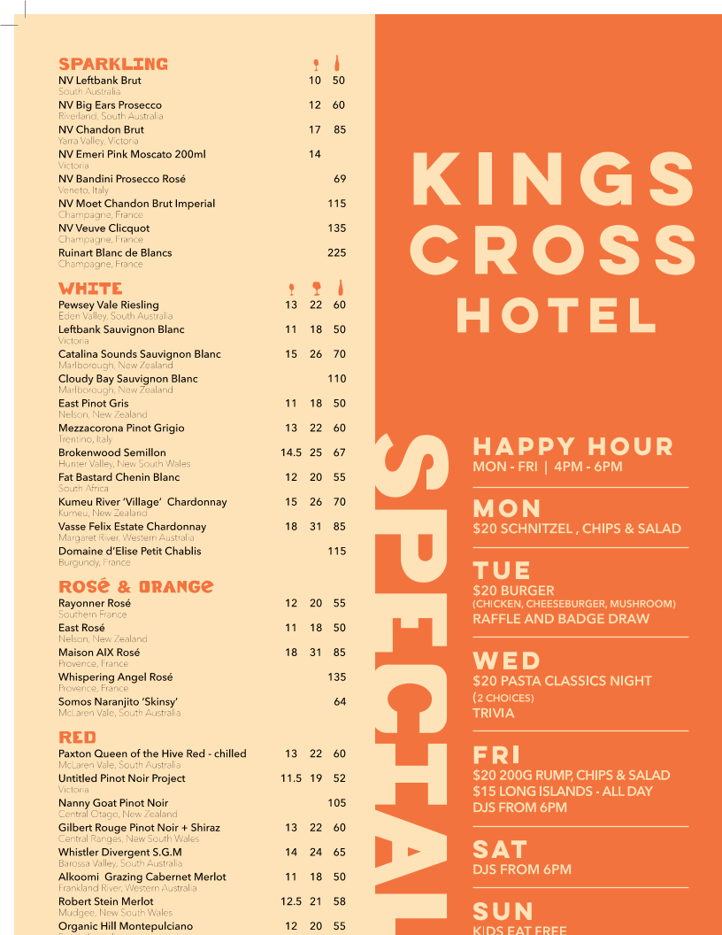 Menu, Kings Cross Hotel