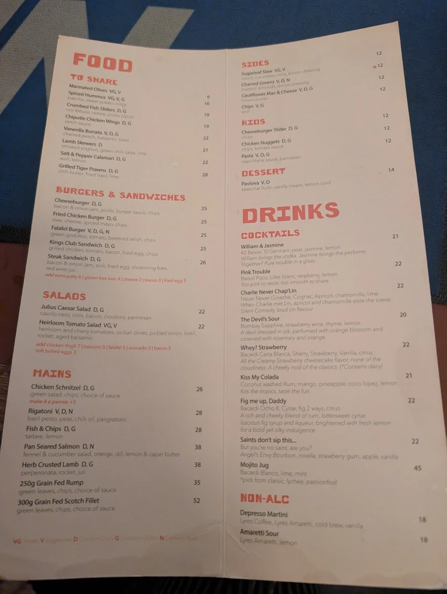 Menu, Kings Cross Hotel
