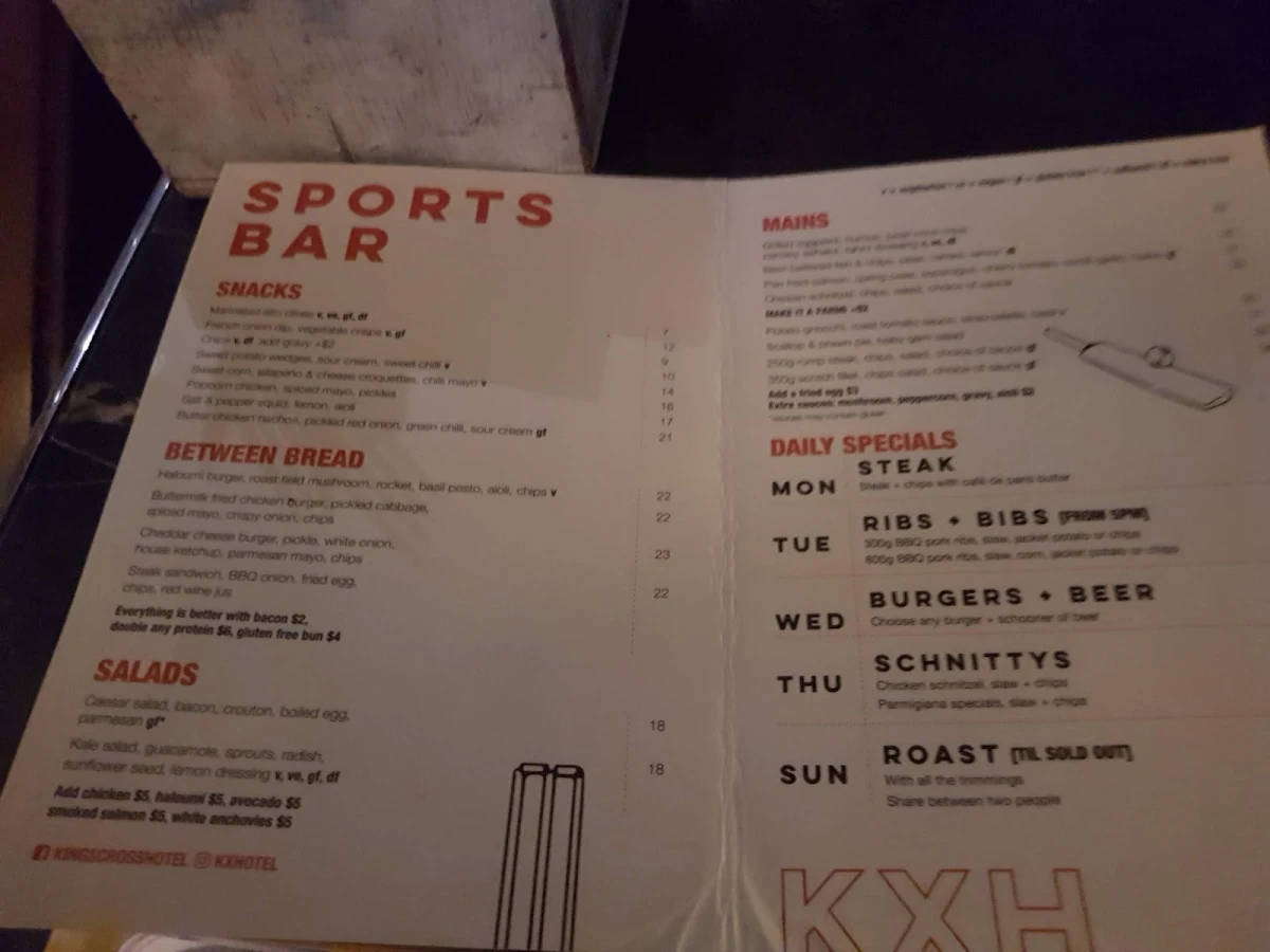 Menu, Kings Cross Hotel