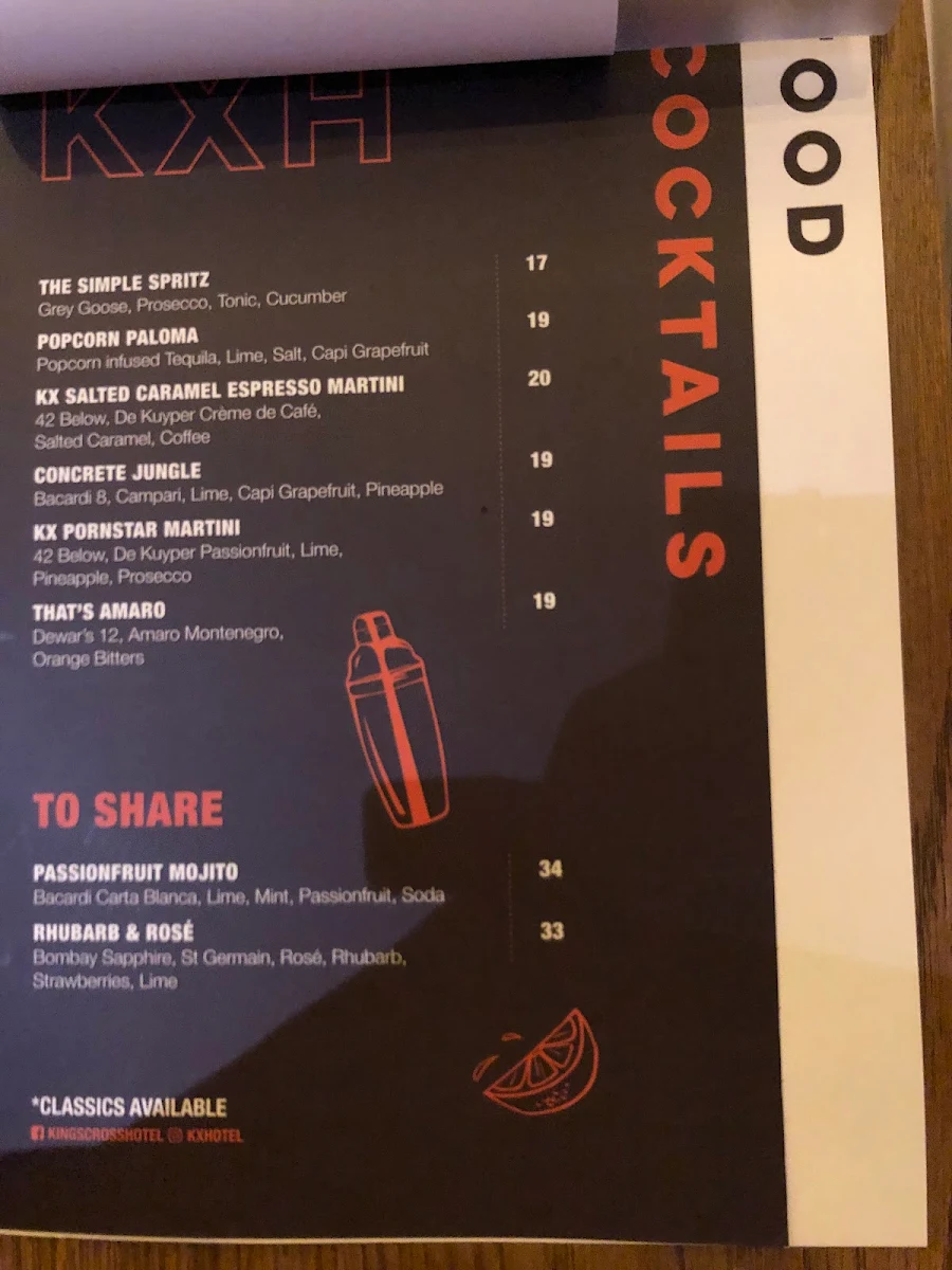 Menu, Kings Cross Hotel