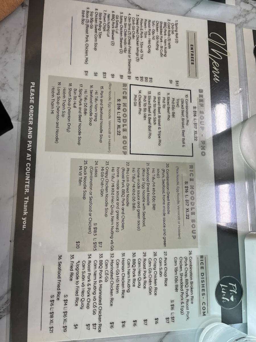 Menu, Pho Linh