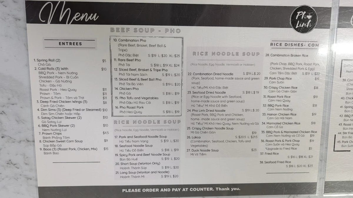 Menu, Pho Linh