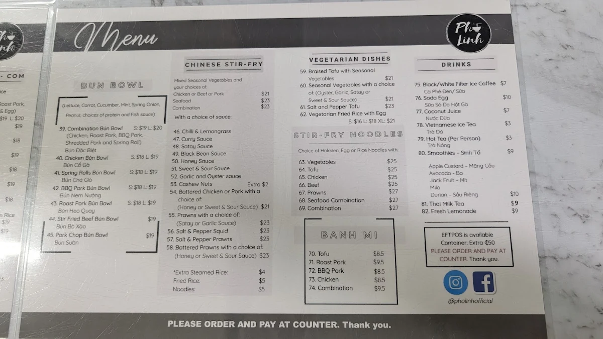 Menu, Pho Linh
