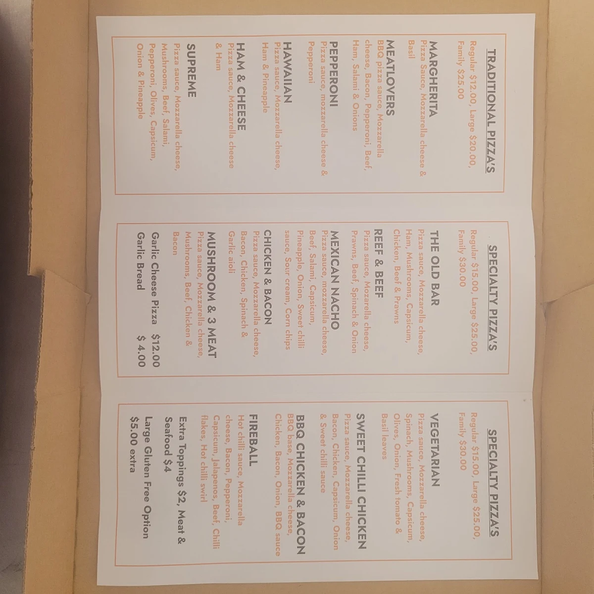 Menu, Old Bar Pizza, Pasta & Kebabs