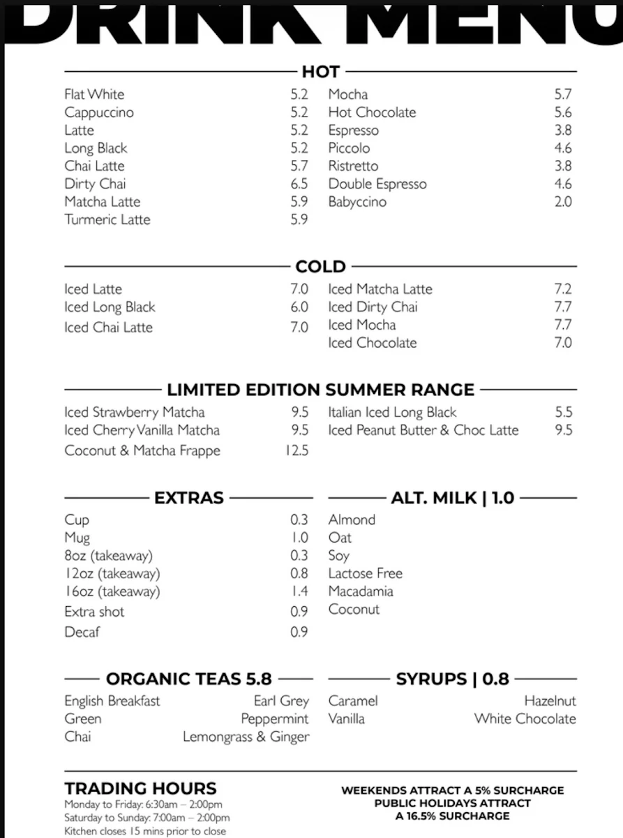 Menu, Vito's Espresso Bar