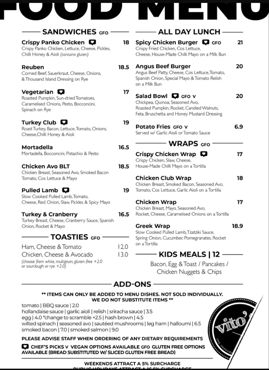 Menu, Vito's Espresso Bar