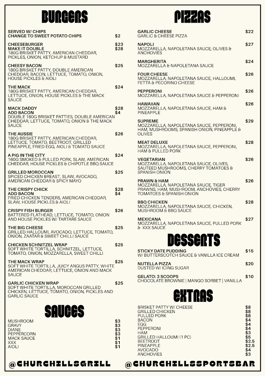 Menu, Churchills Bar and Grill