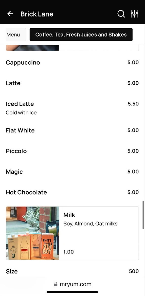 Menu, Brick Lane Melbourne