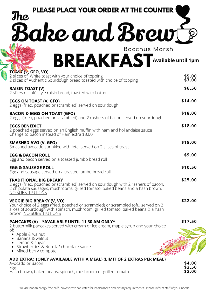 Menu, The Bake and Brew Cafe Bacchus Marsh
