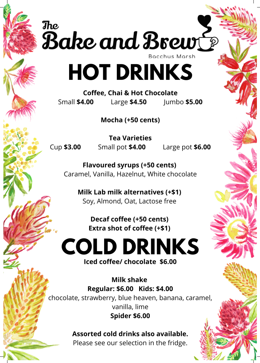 Menu, The Bake and Brew Cafe Bacchus Marsh