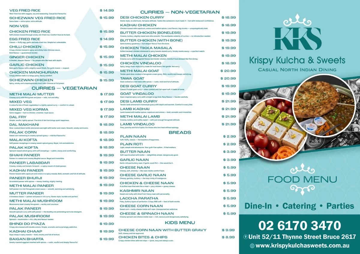 Menu, Krispy kulcha & sweets